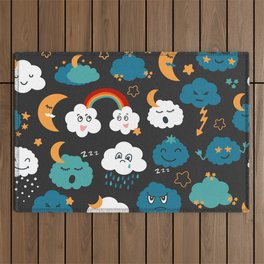 Seamless pattern in cartoon style with characters - clouds, sun, moon, rain, stars, rainbow. Hand drawn illustration on weather forecast theme. Funny emotions, feelings. Dark background. Kids design.  Outdoor Rug