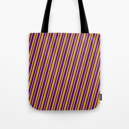 [ Thumbnail: Goldenrod & Indigo Colored Stripes/Lines Pattern Tote Bag ]