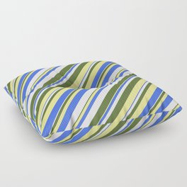 [ Thumbnail: Dark Olive Green, Tan, Royal Blue, and White Colored Stripes Pattern Floor Pillow ]