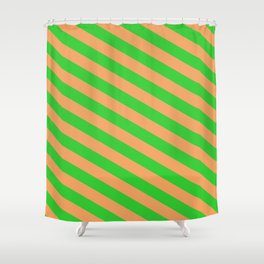 [ Thumbnail: Brown & Lime Green Colored Lines/Stripes Pattern Shower Curtain ]