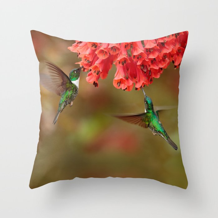 Green Hummingbirds with Reddish-Orange Flowers - Bird / Animal / Wildlife / Floral Nature Photograph Throw Pillow and More