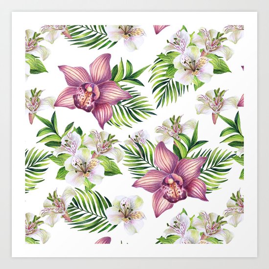 Orchids. White pattern Art Print