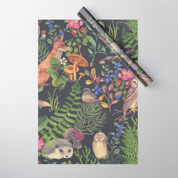 Hand drawn seamless pattern with watercolor forest animals and plants. Pattern for kids wood inhabitants, cute animals Wrapping Paper