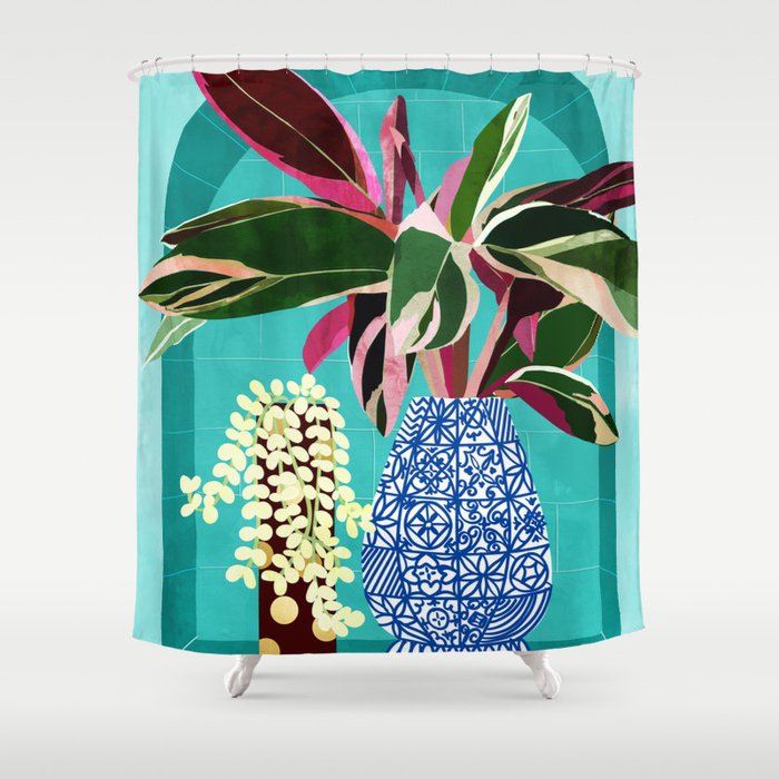 Moroccan Shelfie | Tropical Teal Plants Botanical | Exotic Modern Bohemian Eclectic Décor  Shower Curtain