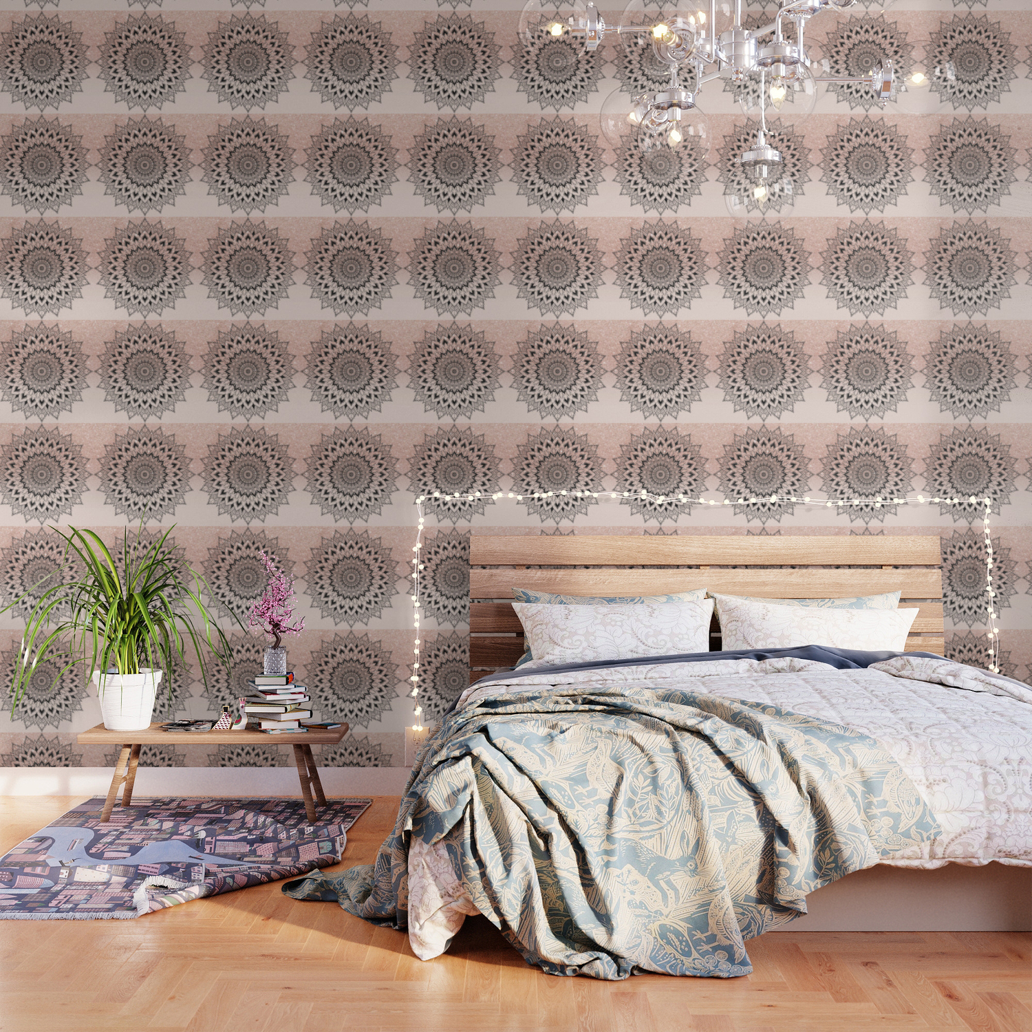 Boho Black Watercolor Floral Mandala Rose Gold Glitter Ombre