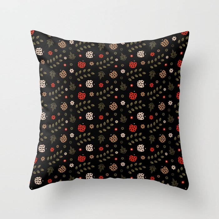 Ladybug and Floral Seamless Pattern on Black Background  Throw Pillow