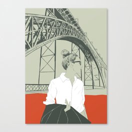 The Bridge Canvas Print | Drawing, Illustration, Woman, Fashion, Bridge, Orange, Curated, Color, Vector 