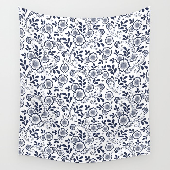 Navy Blue Eastern Floral Pattern Wall Tapestry
