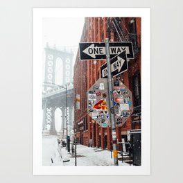 Street sign in snow near Manhattan Bridge Art Print