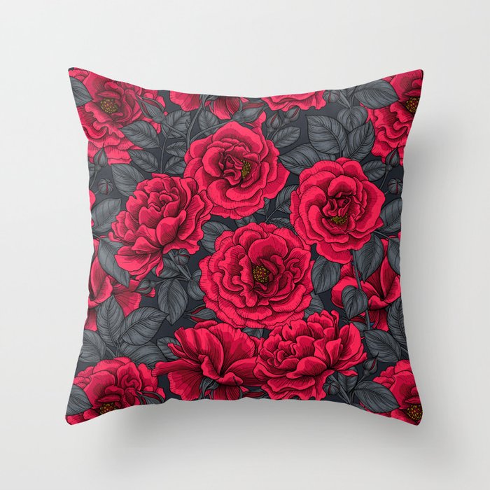 Red roses with gray leaves on black Throw Pillow