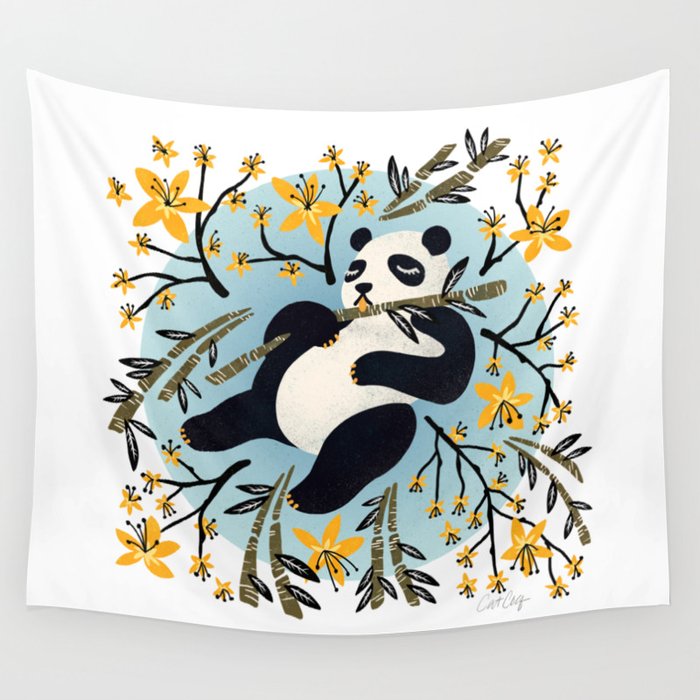 Panda Vibes – Blue & Yellow Wall Tapestry