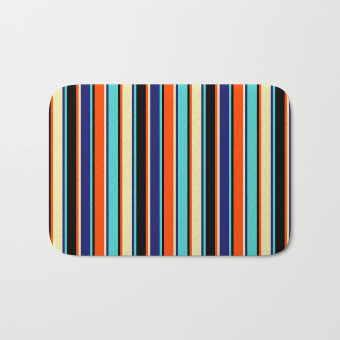 Eyecatching Turquoise, Midnight Blue, Pale Goldenrod, Red & Black Colored Striped/Lined Pattern Bath Mat