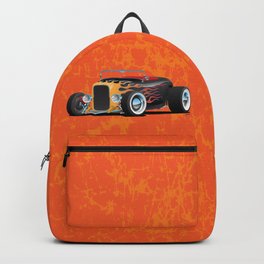 Custom Hot Rod Roadster Car with Flames, Chrome Rims and White Wall Tires Backpack | Style, Retro, Art, Paint, Streetrod, Vector, Design, 1930S, Race, Flames 