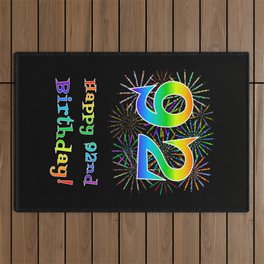 [ Thumbnail: 92nd Birthday - Fun Rainbow Spectrum Gradient Pattern Text, Bursting Fireworks Inspired Background Outdoor Rug ]