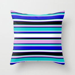 [ Thumbnail: Eye-catching Dark Turquoise, White, Plum, Blue & Black Colored Lined/Striped Pattern Throw Pillow ]