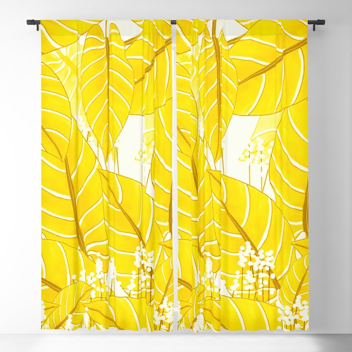 Lovely Yellow Leaves with Tiny White Flowers Spring Summer Mood - White Background #decor #society6 Blackout Curtain