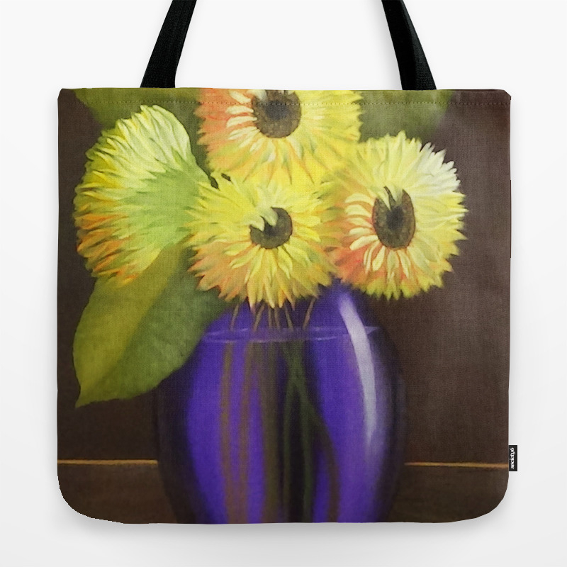 Sunflowers In A Purple Glass Vase Oil Painting Tote Bag By