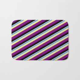 [ Thumbnail: Vibrant Blue, Tan, Purple, Black, and White Colored Pattern of Stripes Bath Mat ]