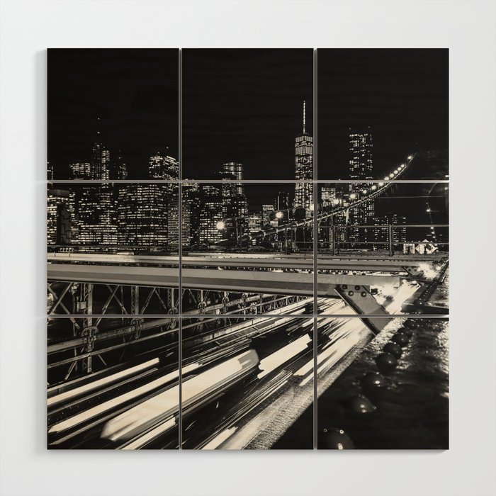 Brooklyn Bridge and Manhattan skyline at night in New York City black and white Wood Wall Art