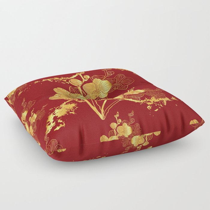 Gold & Maroon Floral Orchid Pattern Floor Pillow