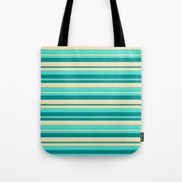 [ Thumbnail: Dark Cyan, Tan & Turquoise Colored Pattern of Stripes Tote Bag ]