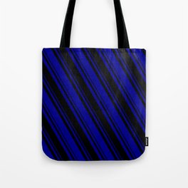[ Thumbnail: Black & Dark Blue Colored Lines Pattern Tote Bag ]