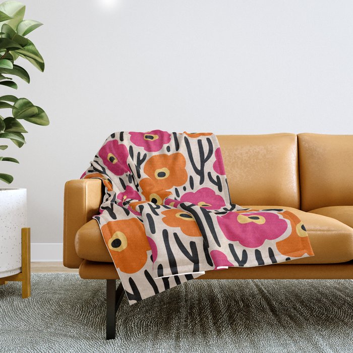 Floral  Pattern Hot Pink and Orange Throw Blanket