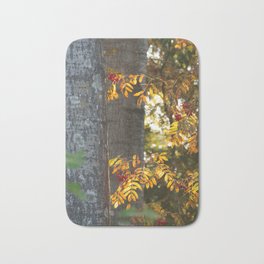 Rowan branch on a sunny autumn day Bath Mat | Leaves, Forest, Autumn, Red, Berries, Green, Mountainash, Morning, Fall, Sunny 