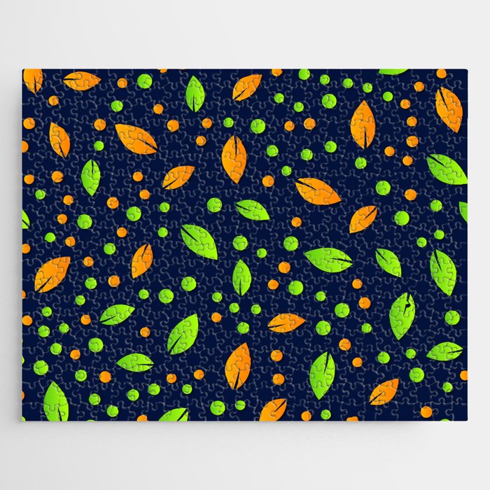 Orange & Green Colorful Leaf & Dotted Design Jigsaw Puzzle