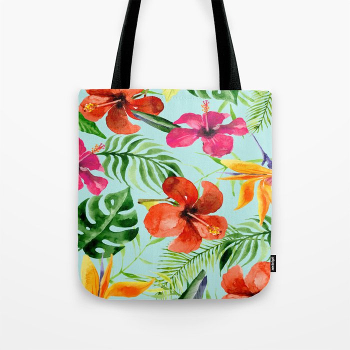 Tropical flowers and leaves on turquoise background Tote Bag