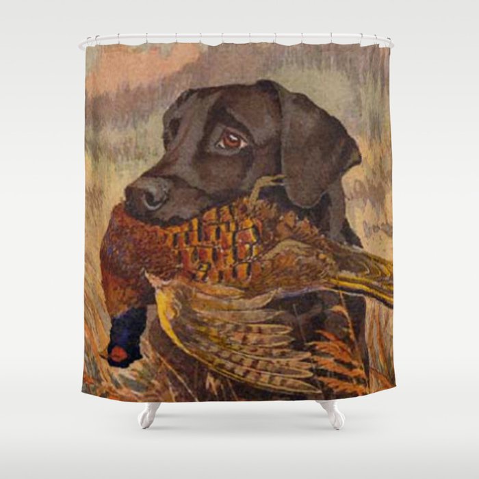 Vintage Chocolate Lab Hunting Shower Curtain By Bravuramedia
