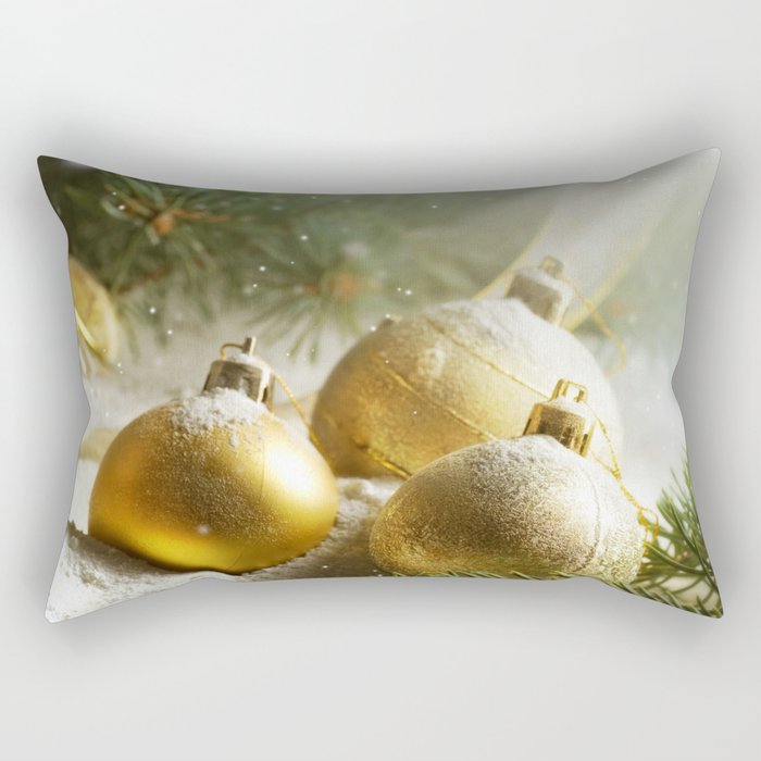 Gold Christmas Ornaments in Snow with Garland & Warm Glory Light Rectangular Pillow