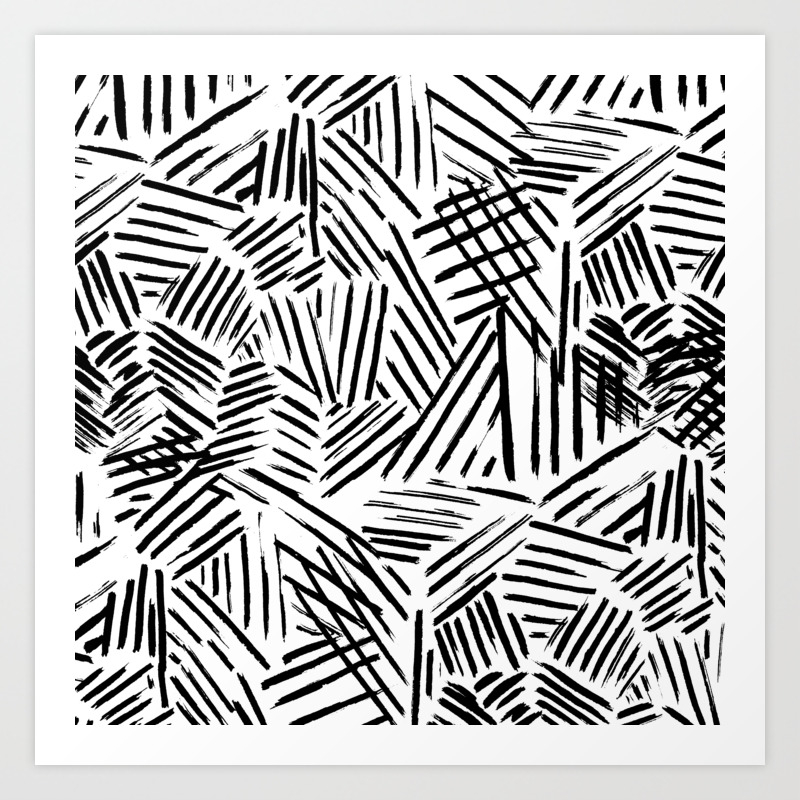 Black White Abstract Linear Drawn Lines Pattern Art Print By