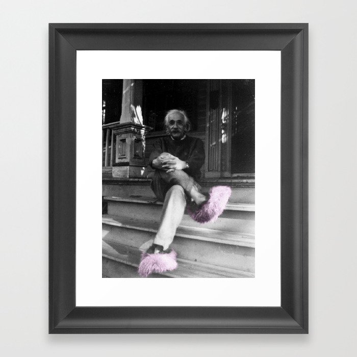 Satirical Einstein in Fuzzy Pink Slippers Classic E = mc² Black and White Satirical Photography  Framed Art Print