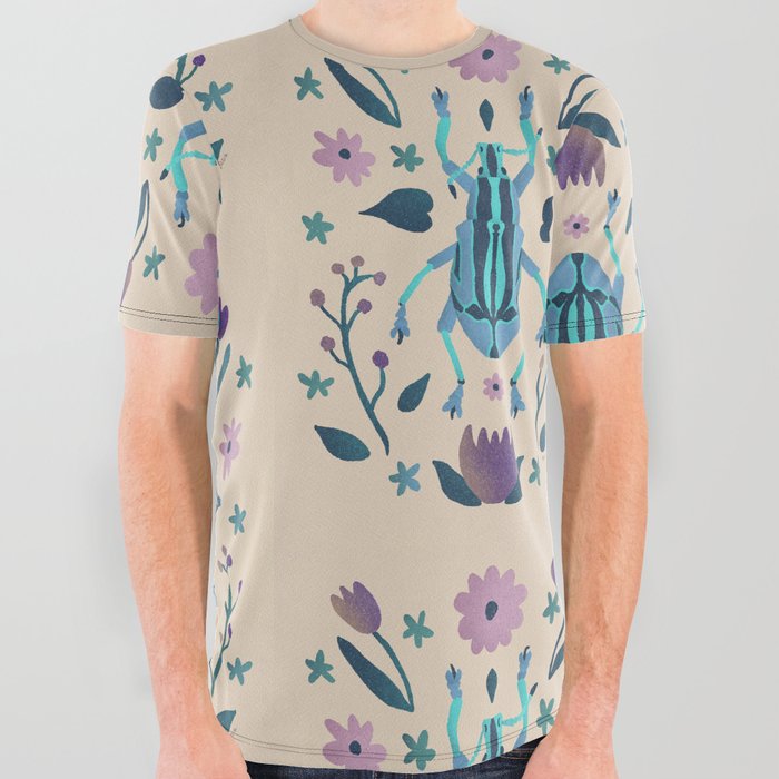 Bright Beetle with Purple Flowers All Over Graphic Tee