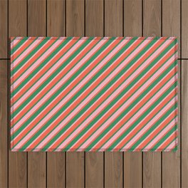[ Thumbnail: Sea Green, Light Pink, and Red Colored Lined/Striped Pattern Outdoor Rug ]