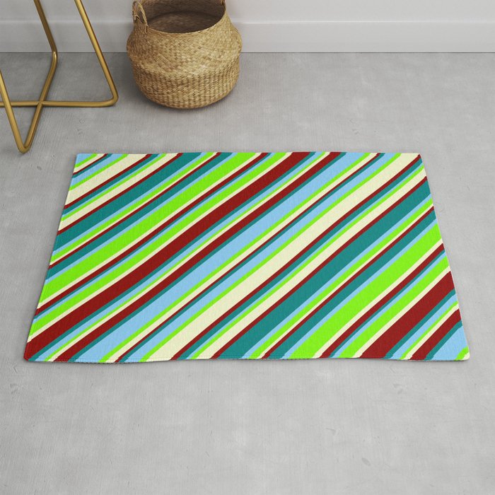 Light Sky Blue, Green, Light Yellow, Dark Red, and Teal Colored Lined/Striped Pattern Rug