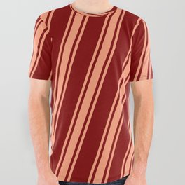 [ Thumbnail: Maroon and Light Salmon Colored Stripes Pattern All Over Graphic Tee ]