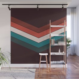 V - Red and Blue Minimalistic Colorful Retro Stripe Art Pattern on Dark Brown Wall Mural