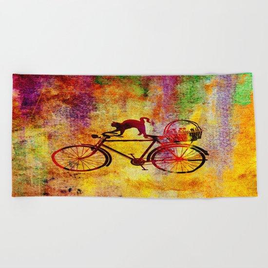 Cat and Bicycle Beach Towel
