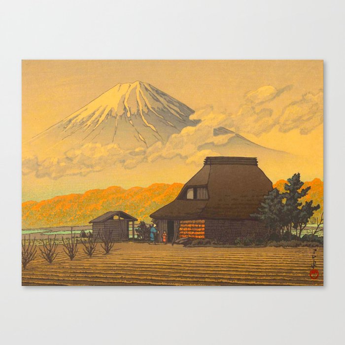 Vintage Japanese Woodblock Print Sepia Japanese Farm Mount Fuji Farmer Canvas Print