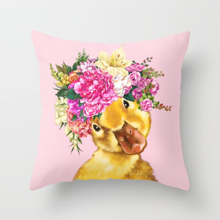 Flower Crown Baby Duck in Pink Throw Pillow
