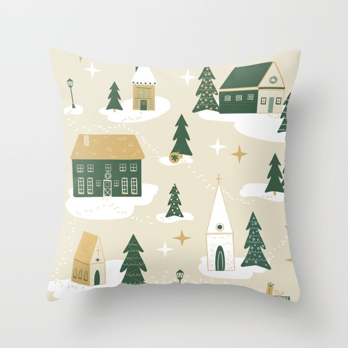 Cozy Cottage Christmas Town - Neutral Throw Pillow