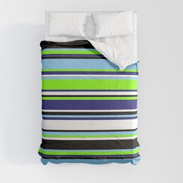 [ Thumbnail: Colorful Light Sky Blue, Chartreuse, Midnight Blue, White & Black Colored Striped/Lined Pattern Comforter ]