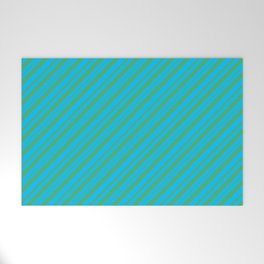 [ Thumbnail: Deep Sky Blue & Sea Green Colored Stripes Pattern Welcome Mat ]