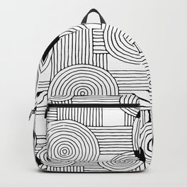 No Vacancy Backpack | Ink Pen, Modern, Black, Mid Century, Lines, Pattern Design, Drawing, Circular, Line Art, White 
