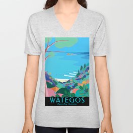 Wategos, Byron Bay, Australia - Vintage Style Travel Art V Neck T Shirt