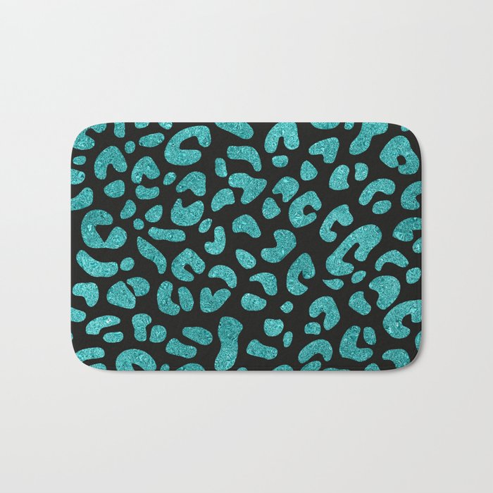 Cyan Glitter Leopard Print Pattern Bath Mat