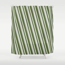 [ Thumbnail: Light Gray & Dark Olive Green Colored Lines/Stripes Pattern Shower Curtain ]
