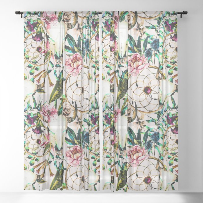 Bohemian Skull Pattern Flowery Vibrant Colors Sheer Curtain By